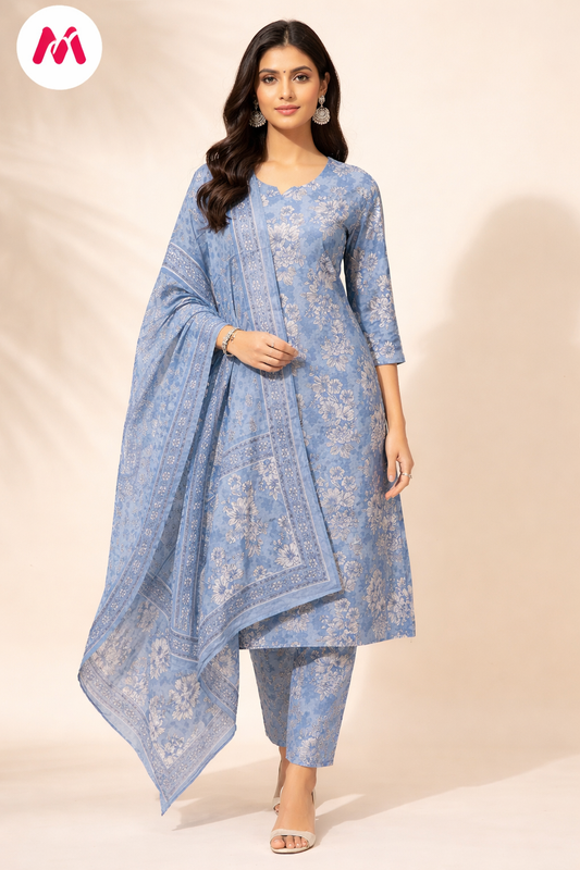 Zurohi Blue White Flower Printed Cotton Kurta pant dupatta Set