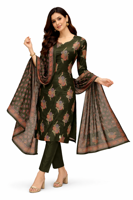 Zurohi Green Color Block Print Cotton Kurta pant Dupatta Set